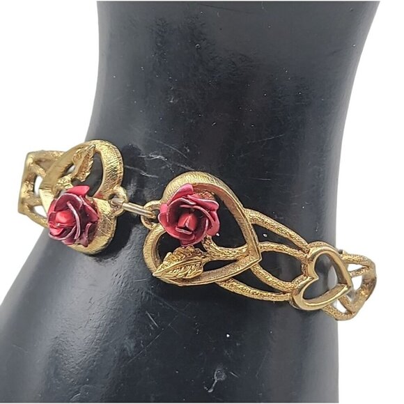 The Art of Beauty Cuff Bangle Bracelet Double Red Rose Buds Gold Tone Size 7 - Picture 4 of 16